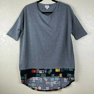 LULAROE Blouse Women's Sz XS Irma Tunic Retro Cassette Tape Hi-Low Hem Gray